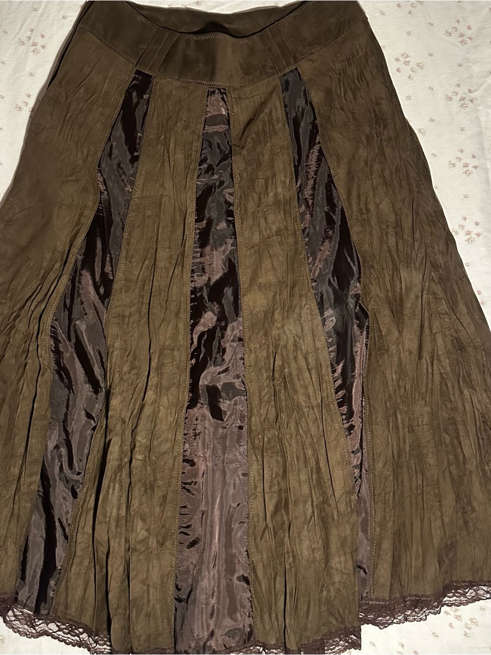 Brown Suede Paneled A-Line Midi Skirt